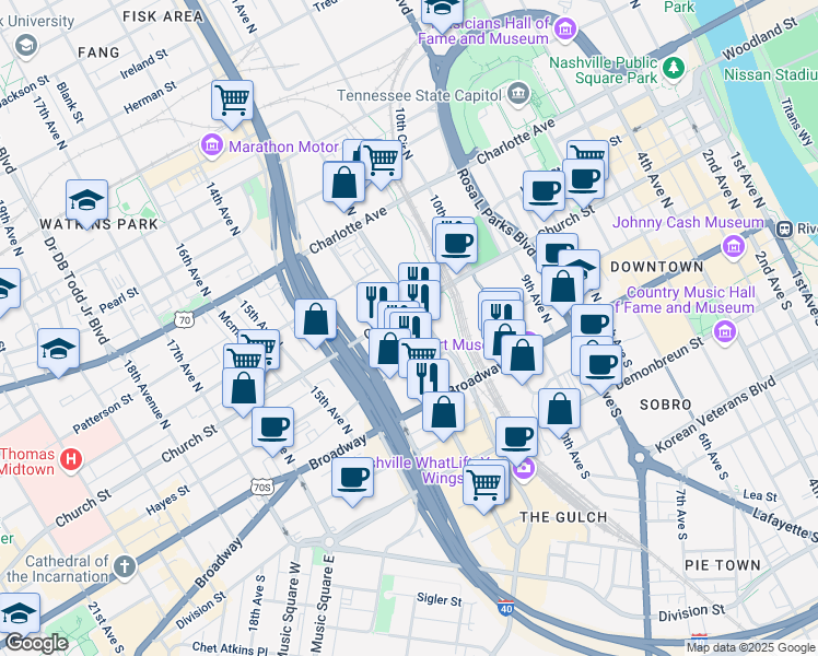 map of restaurants, bars, coffee shops, grocery stores, and more near 125 11th Avenue North in Nashville