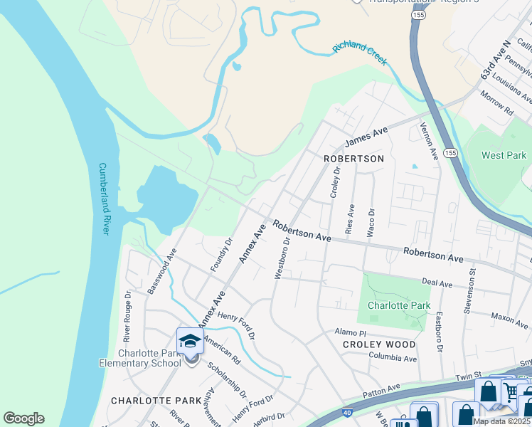 map of restaurants, bars, coffee shops, grocery stores, and more near 6500 Robertson Avenue in Nashville