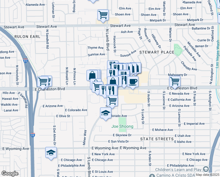 map of restaurants, bars, coffee shops, grocery stores, and more near E Charleston Blvd & N Lamb Blvd in Las Vegas