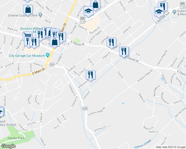 map of restaurants, bars, coffee shops, grocery stores, and more near 204 West Bernard Avenue in Greeneville