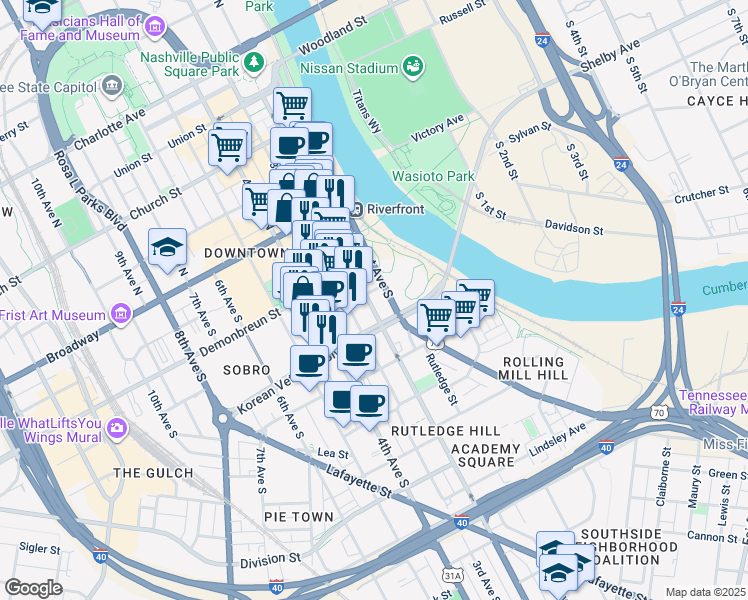 map of restaurants, bars, coffee shops, grocery stores, and more near 301 2nd Avenue South in Nashville