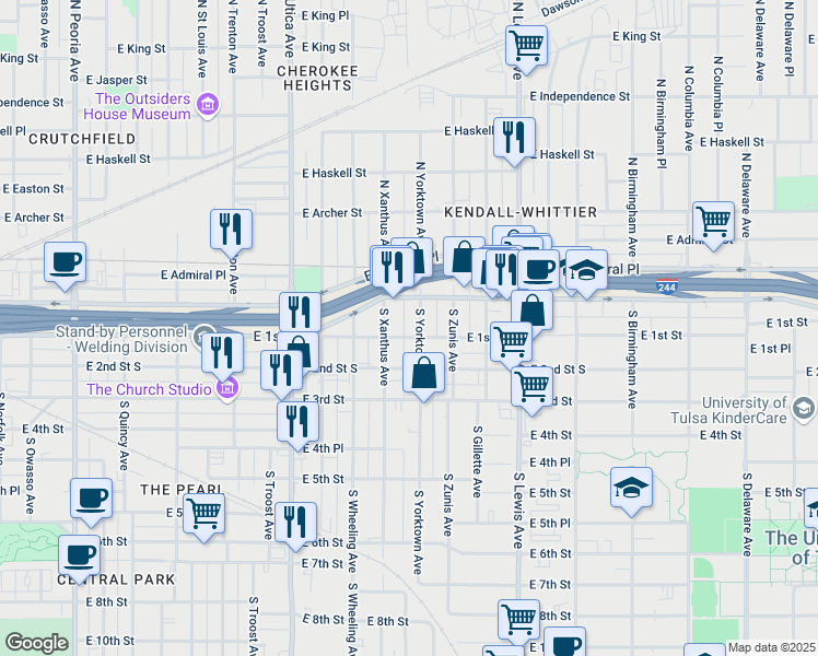 map of restaurants, bars, coffee shops, grocery stores, and more near 12 South Yorktown Avenue in Tulsa