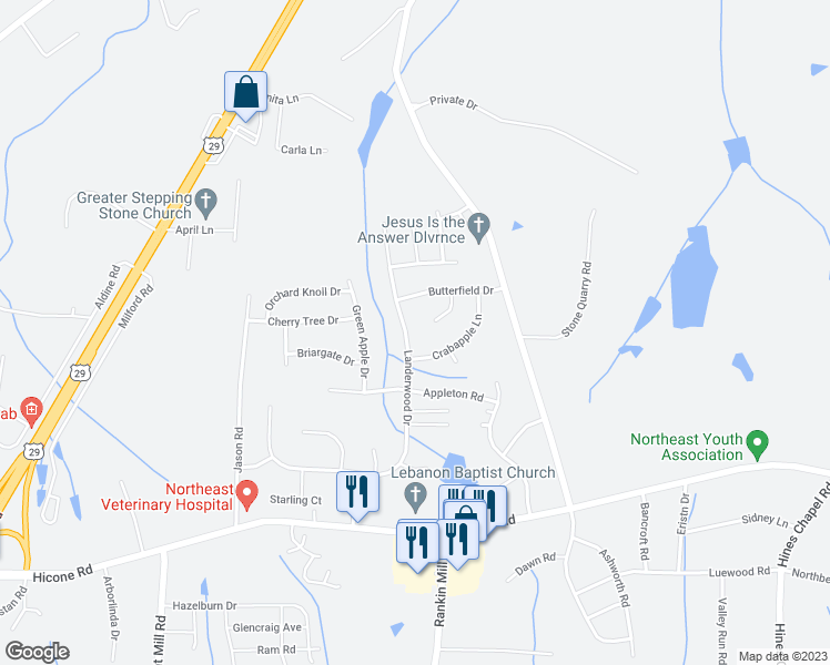 map of restaurants, bars, coffee shops, grocery stores, and more near 5706 Landerwood Drive in Greensboro