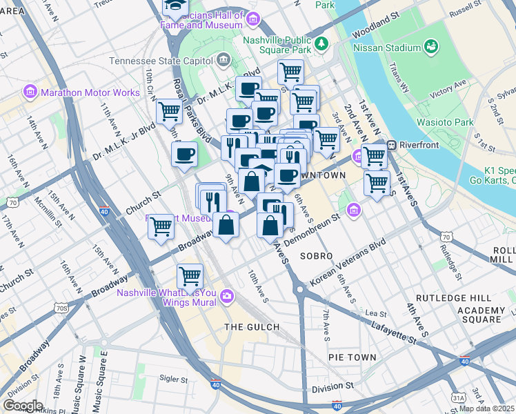 map of restaurants, bars, coffee shops, grocery stores, and more near in Nashville