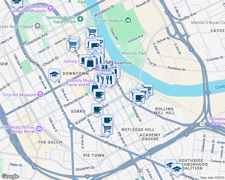 map of restaurants, bars, coffee shops, grocery stores, and more near 301 2nd Avenue South in Nashville