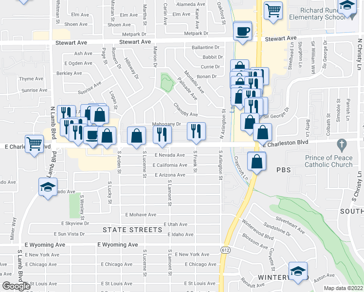 map of restaurants, bars, coffee shops, grocery stores, and more near in Las Vegas