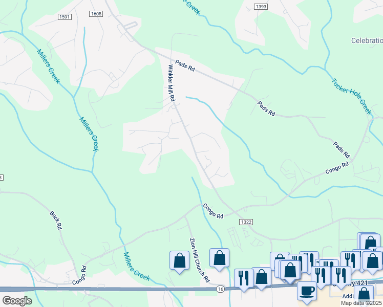 map of restaurants, bars, coffee shops, grocery stores, and more near 1753 /1755 Winkler Mill Road in Wilkesboro