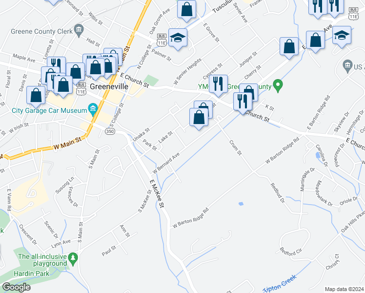 map of restaurants, bars, coffee shops, grocery stores, and more near 146 West Bernard Avenue in Greeneville