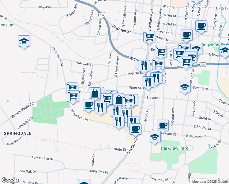 map of restaurants, bars, coffee shops, grocery stores, and more near 425 West Stevens Street in Cookeville