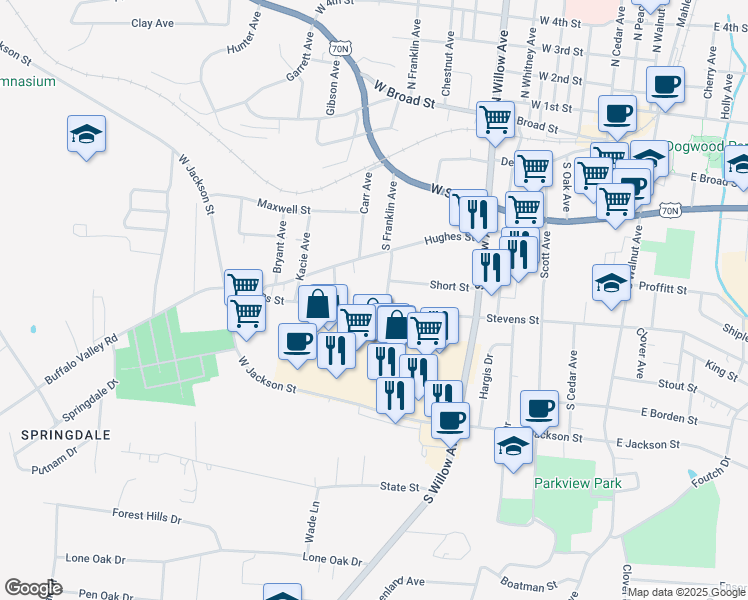 map of restaurants, bars, coffee shops, grocery stores, and more near 425 West Stevens Street in Cookeville