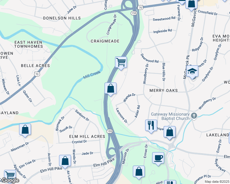 map of restaurants, bars, coffee shops, grocery stores, and more near 2425 Atrium Way in Nashville