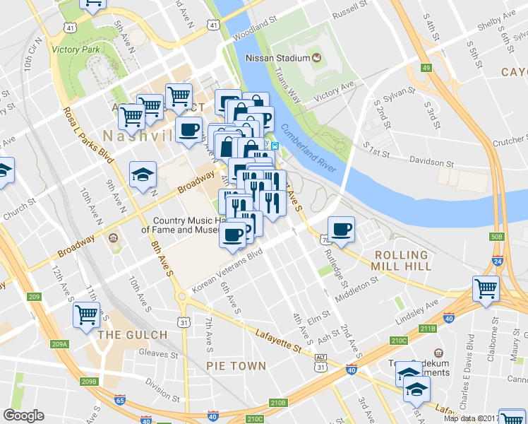map of restaurants, bars, coffee shops, grocery stores, and more near 210 Almond Street in Nashville