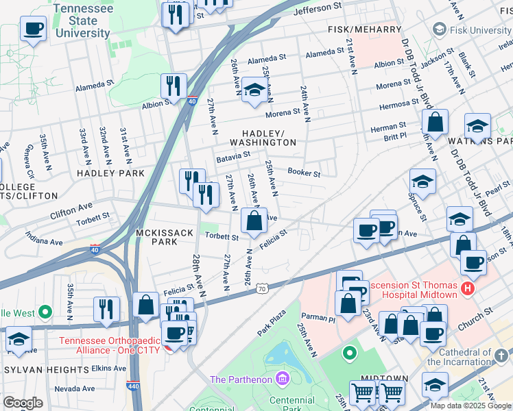 map of restaurants, bars, coffee shops, grocery stores, and more near 707 26th Avenue North in Nashville