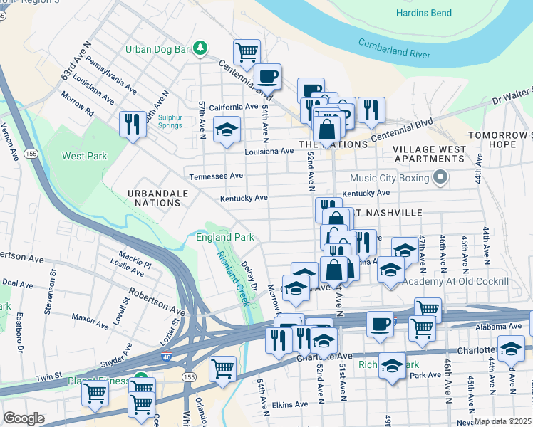 map of restaurants, bars, coffee shops, grocery stores, and more near 5400 Michigan Avenue in Nashville