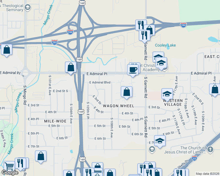map of restaurants, bars, coffee shops, grocery stores, and more near 43 South 108th East Avenue in Tulsa