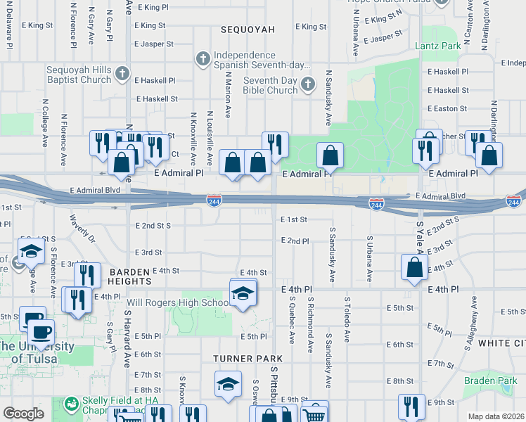 map of restaurants, bars, coffee shops, grocery stores, and more near 3922 East 1st Street in Tulsa