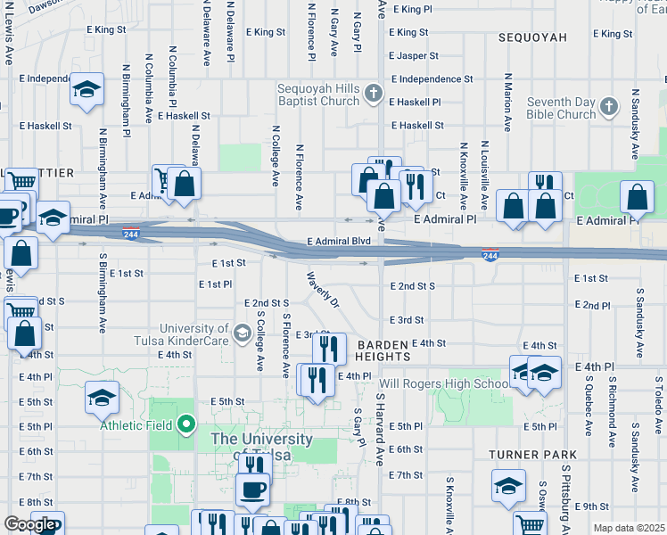 map of restaurants, bars, coffee shops, grocery stores, and more near 3138 East 1st Street in Tulsa