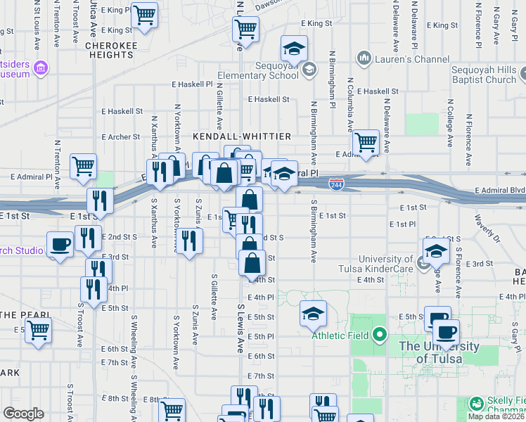 map of restaurants, bars, coffee shops, grocery stores, and more near 2443 East 1st Street in Tulsa