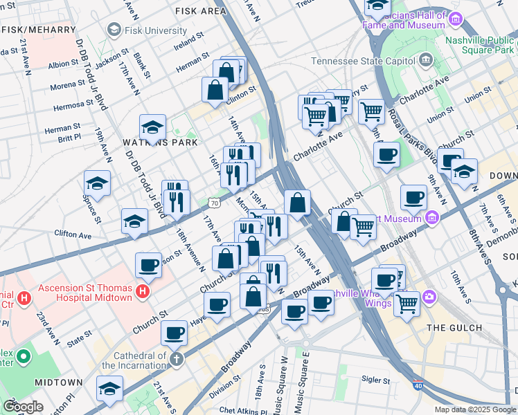 map of restaurants, bars, coffee shops, grocery stores, and more near 307 15th Avenue North in Nashville