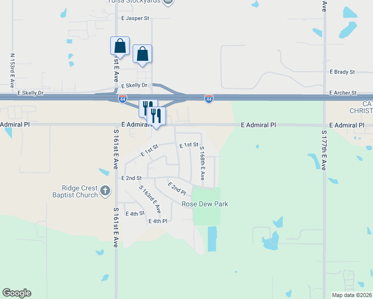 map of restaurants, bars, coffee shops, grocery stores, and more near 110 South 167th East Avenue in Tulsa