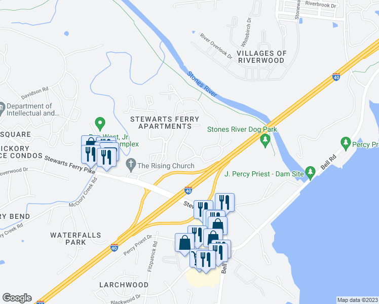 map of restaurants, bars, coffee shops, grocery stores, and more near 3407 Oak Cliff Drive in Nashville