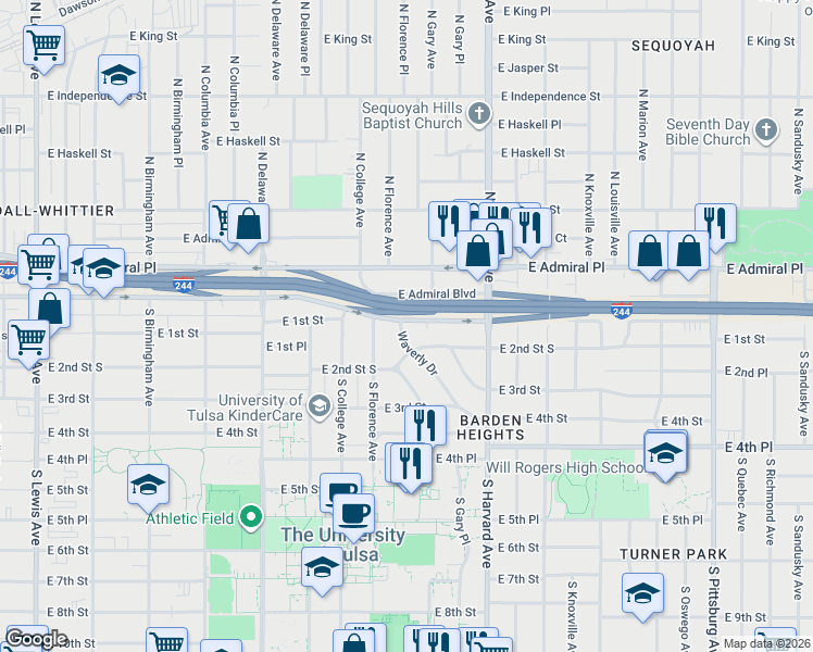 map of restaurants, bars, coffee shops, grocery stores, and more near 3138 East 1st Street in Tulsa
