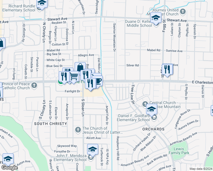 map of restaurants, bars, coffee shops, grocery stores, and more near 5953 East Peach Nectar Avenue in Las Vegas