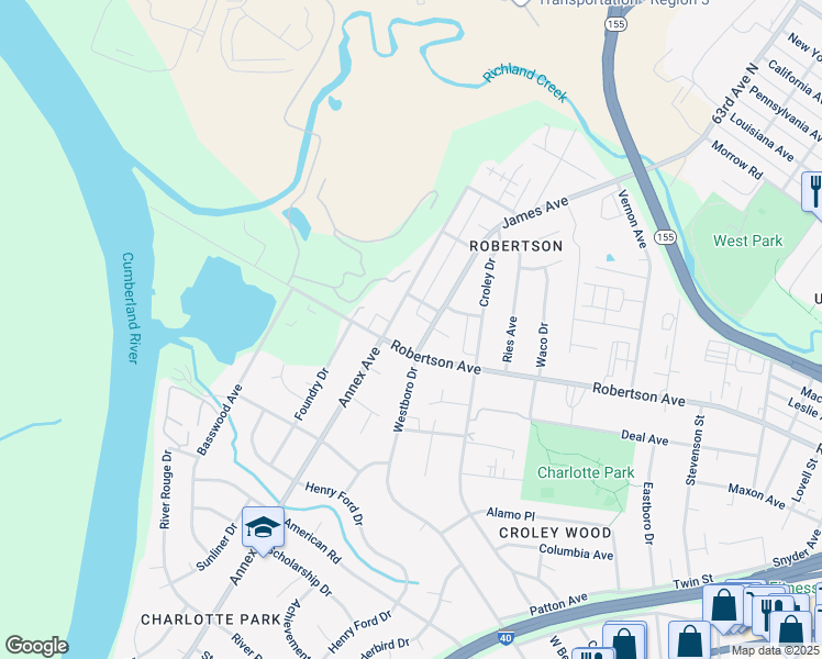 map of restaurants, bars, coffee shops, grocery stores, and more near 607B James Avenue in Nashville