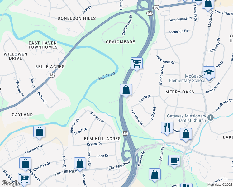 map of restaurants, bars, coffee shops, grocery stores, and more near 268 Craigmeade Drive in Nashville