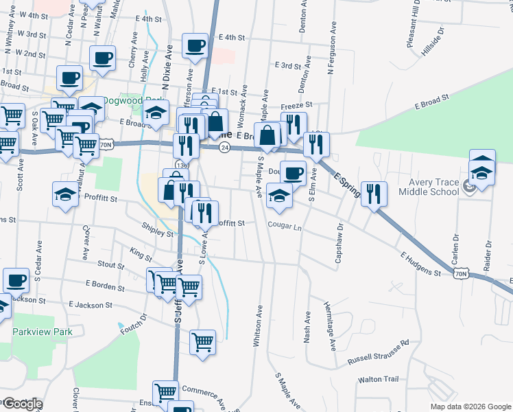 map of restaurants, bars, coffee shops, grocery stores, and more near 208 Whitson Avenue in Cookeville