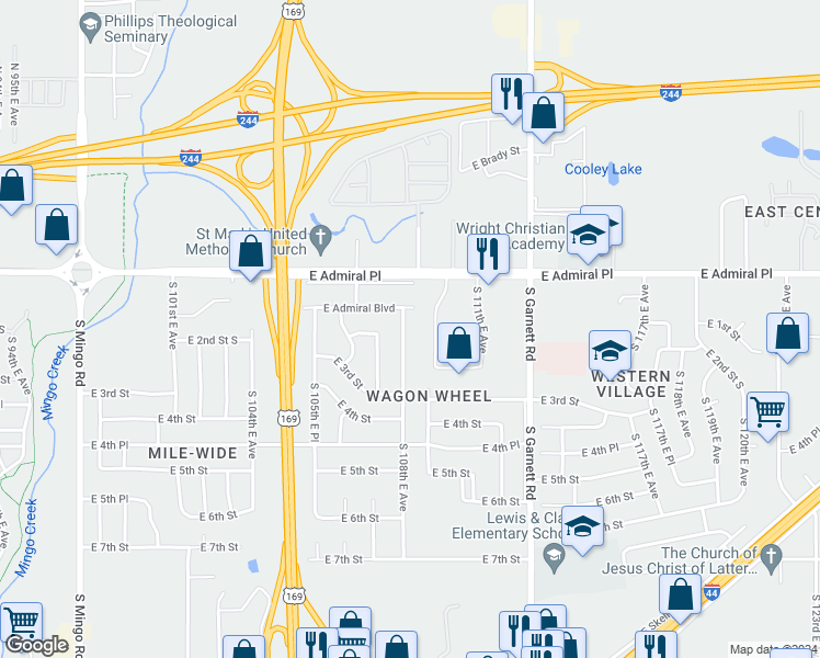 map of restaurants, bars, coffee shops, grocery stores, and more near 43 South 108th East Avenue in Tulsa