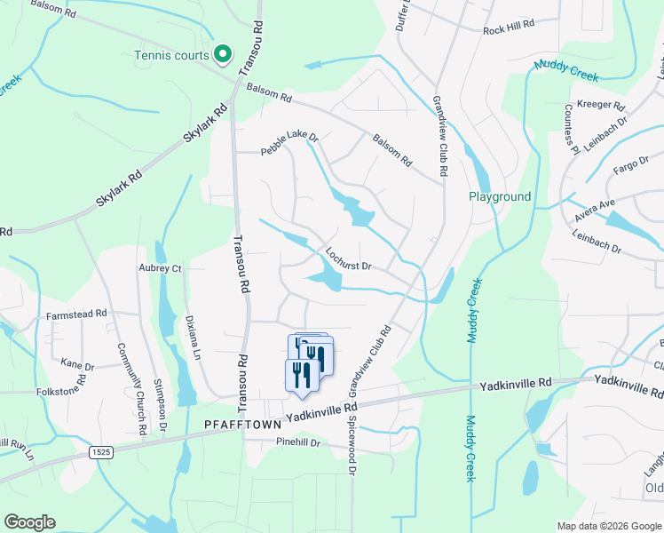 map of restaurants, bars, coffee shops, grocery stores, and more near 4440 Lochurst Dr in Pfafftown