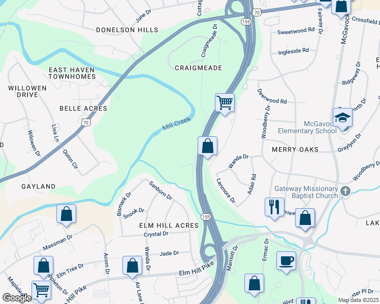 map of restaurants, bars, coffee shops, grocery stores, and more near 268 Craigmeade Drive in Nashville