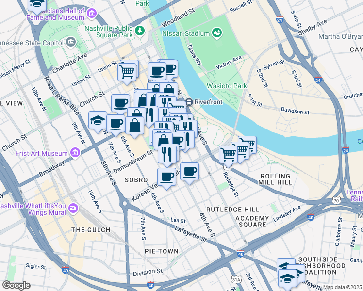 map of restaurants, bars, coffee shops, grocery stores, and more near 210 Almond Street in Nashville