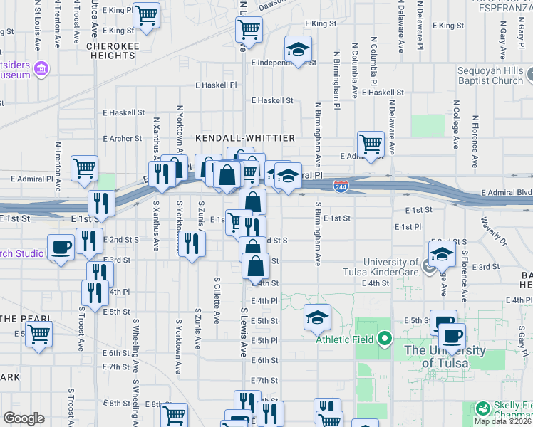 map of restaurants, bars, coffee shops, grocery stores, and more near 2443 East 1st Street in Tulsa