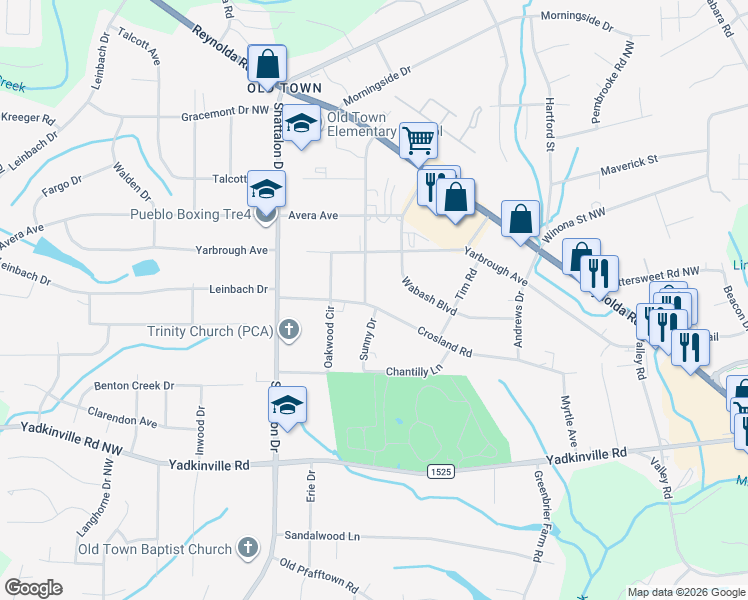 map of restaurants, bars, coffee shops, grocery stores, and more near 3841 Crosland Road in Winston-Salem