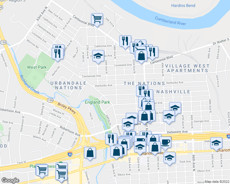 map of restaurants, bars, coffee shops, grocery stores, and more near 5400 Michigan Avenue in Nashville