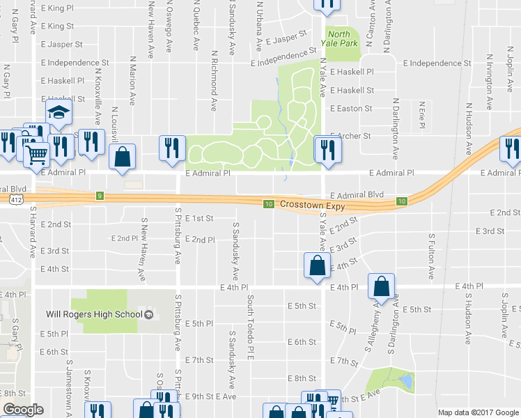 map of restaurants, bars, coffee shops, grocery stores, and more near 23 South Toledo Avenue in Tulsa