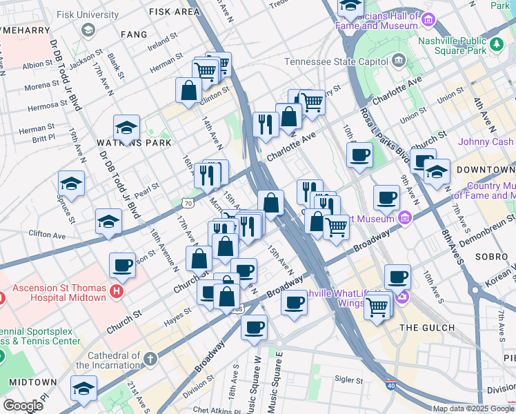 map of restaurants, bars, coffee shops, grocery stores, and more near 225 14th Avenue in Nashville