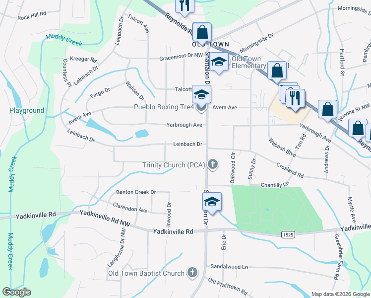map of restaurants, bars, coffee shops, grocery stores, and more near 3918 Leinbach Drive in Winston-Salem