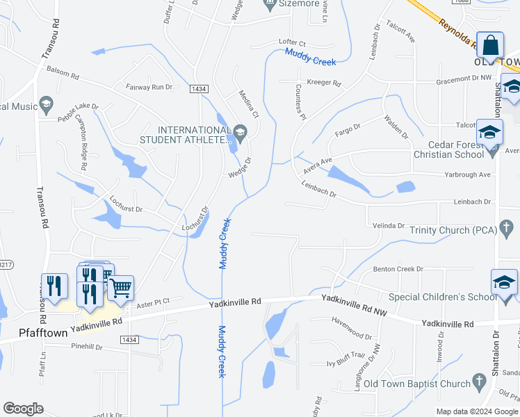 map of restaurants, bars, coffee shops, grocery stores, and more near 4537 Thacker Hill Drive in Winston-Salem