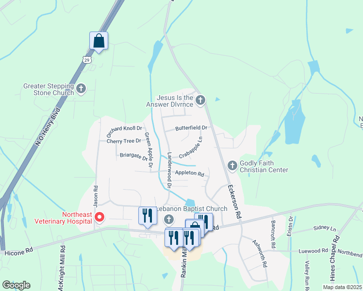 map of restaurants, bars, coffee shops, grocery stores, and more near 5702 Cranberry Court in Greensboro