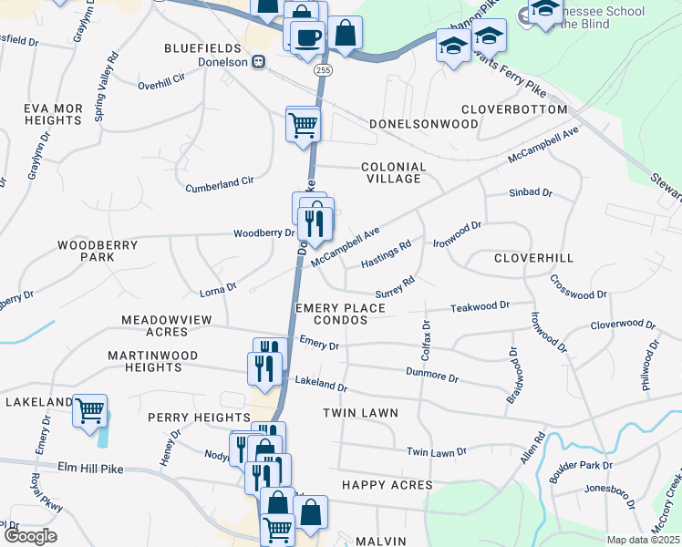 map of restaurants, bars, coffee shops, grocery stores, and more near 304 Kent Road in Nashville