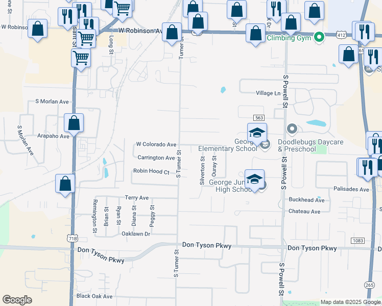 map of restaurants, bars, coffee shops, grocery stores, and more near 2999 Durango Lane in Springdale