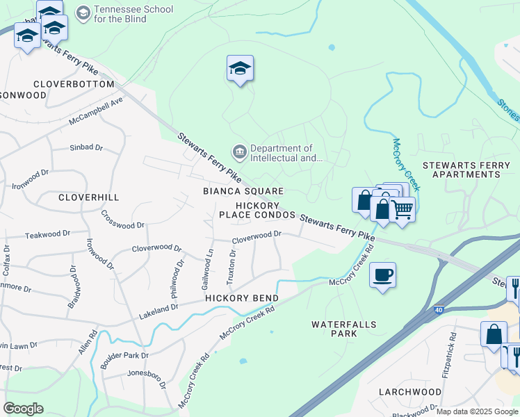 map of restaurants, bars, coffee shops, grocery stores, and more near 323 Hickory Place in Nashville