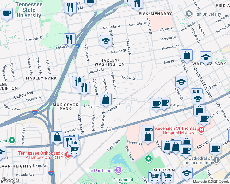 map of restaurants, bars, coffee shops, grocery stores, and more near 707 25th Avenue North in Nashville