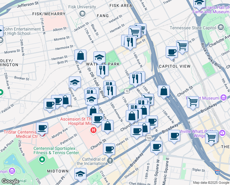 map of restaurants, bars, coffee shops, grocery stores, and more near 1704 Charlotte Avenue in Nashville