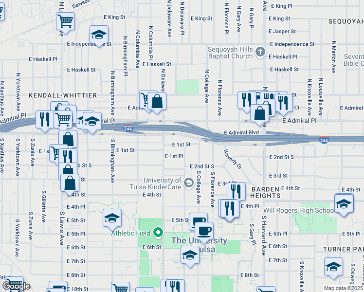 map of restaurants, bars, coffee shops, grocery stores, and more near 2840 East 1st Street South in Tulsa