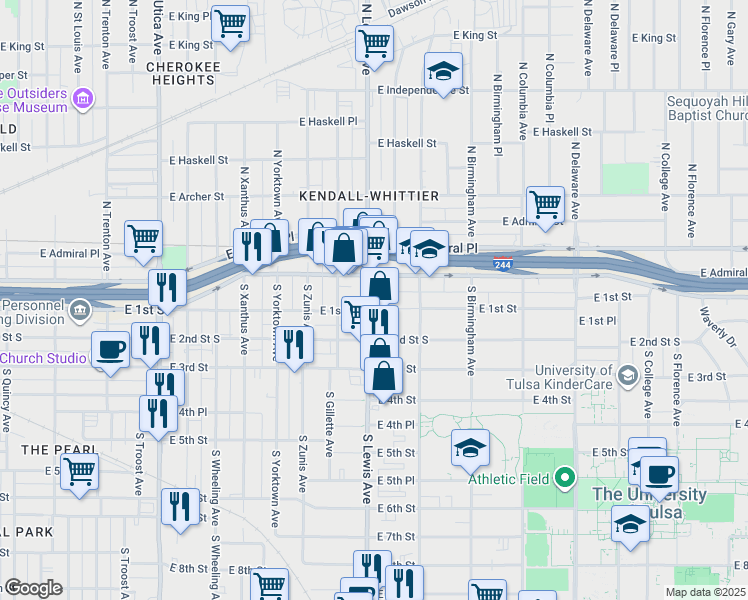 map of restaurants, bars, coffee shops, grocery stores, and more near 21 South Lewis Avenue in Tulsa