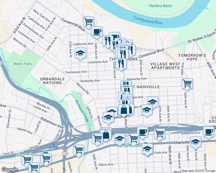 map of restaurants, bars, coffee shops, grocery stores, and more near 5212B Michigan Avenue in Nashville